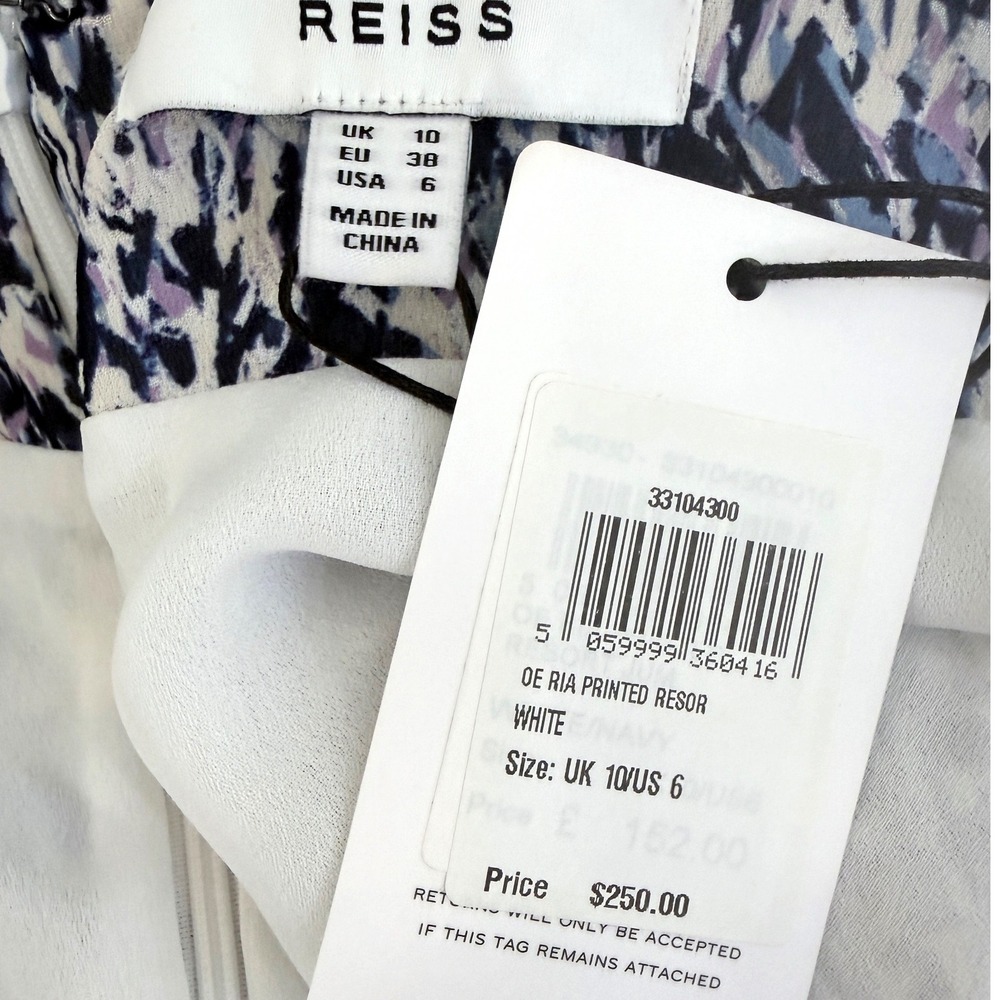Reiss Jumpsuit Ria Printed White Navy Abstract Cutout Wide Leg Size US 6 NEW - Picture 2 of 12